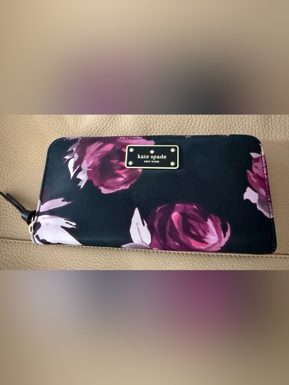 kate spade Black Floral Zip Around Wallet with Purple Rose Print